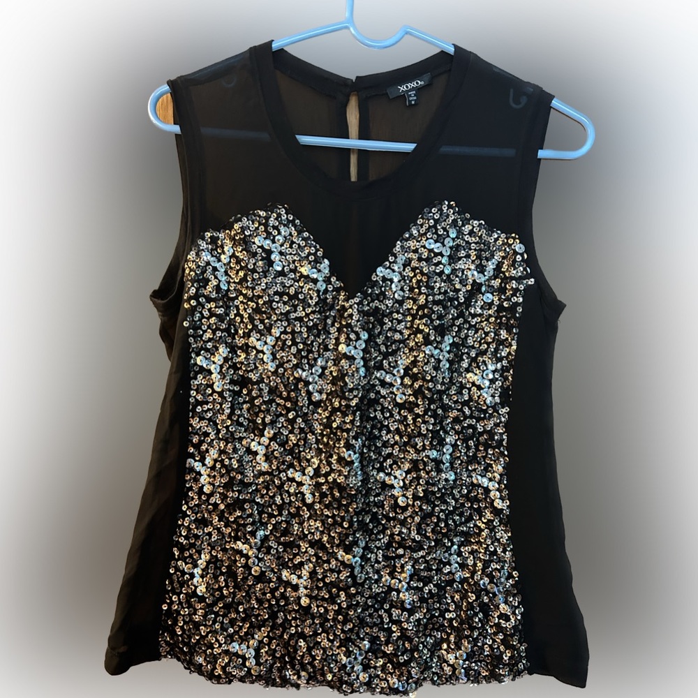 Black and gold sequin top with sweetheart neckline